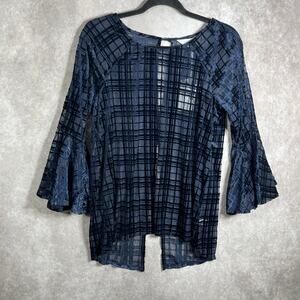 LC Lauren Conrad Runway Blouse Womens Medium Navy Blue Plaid‎ Sheer Bell Sleeve